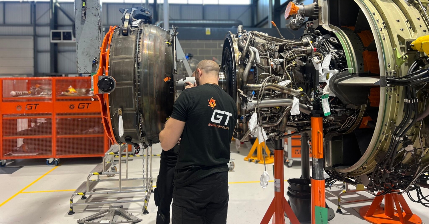 Aircraft engine maintenance at GT Engine Services, London Stansted Airport, UK